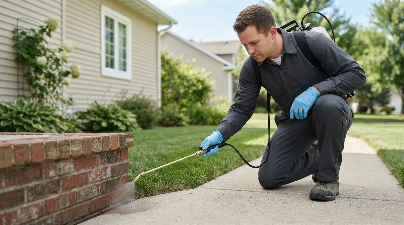 Pest control technician treating a home near Winfield, TN